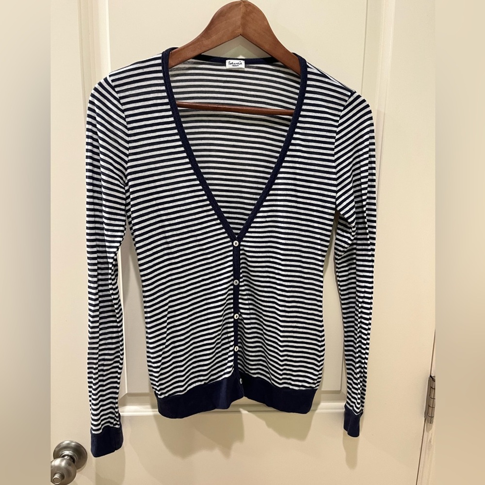 Splendid Women’s Cotton Cardigan V Neck Buttons Navy White Stripes